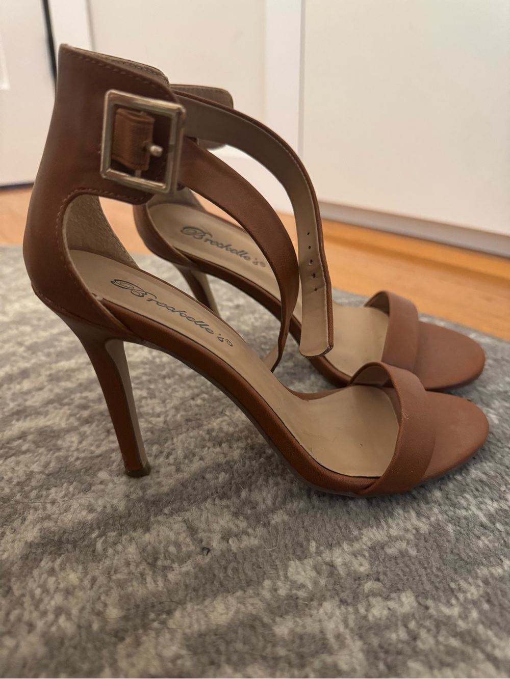 Tan Leather Ankle-Strap Stiletto Heels